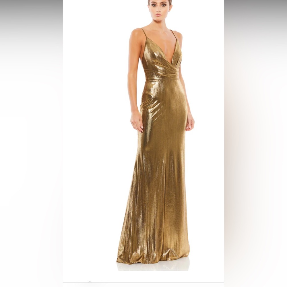 METALLIC FAUX WRAP SPAGHETTI STRAP GOWN